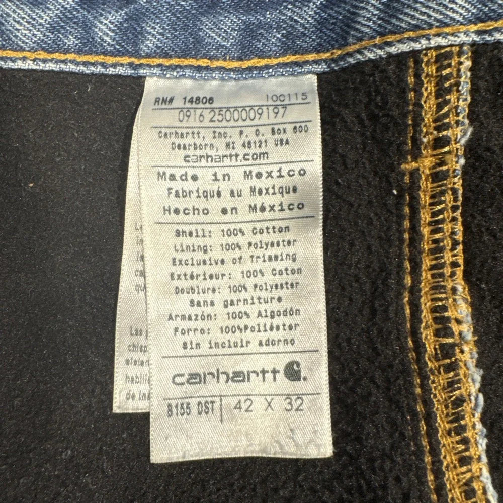 Carhartt Jeans Men's 42x32 Relaxed Fit Fleece Lined Denim‎ Blue Pants B155-DST